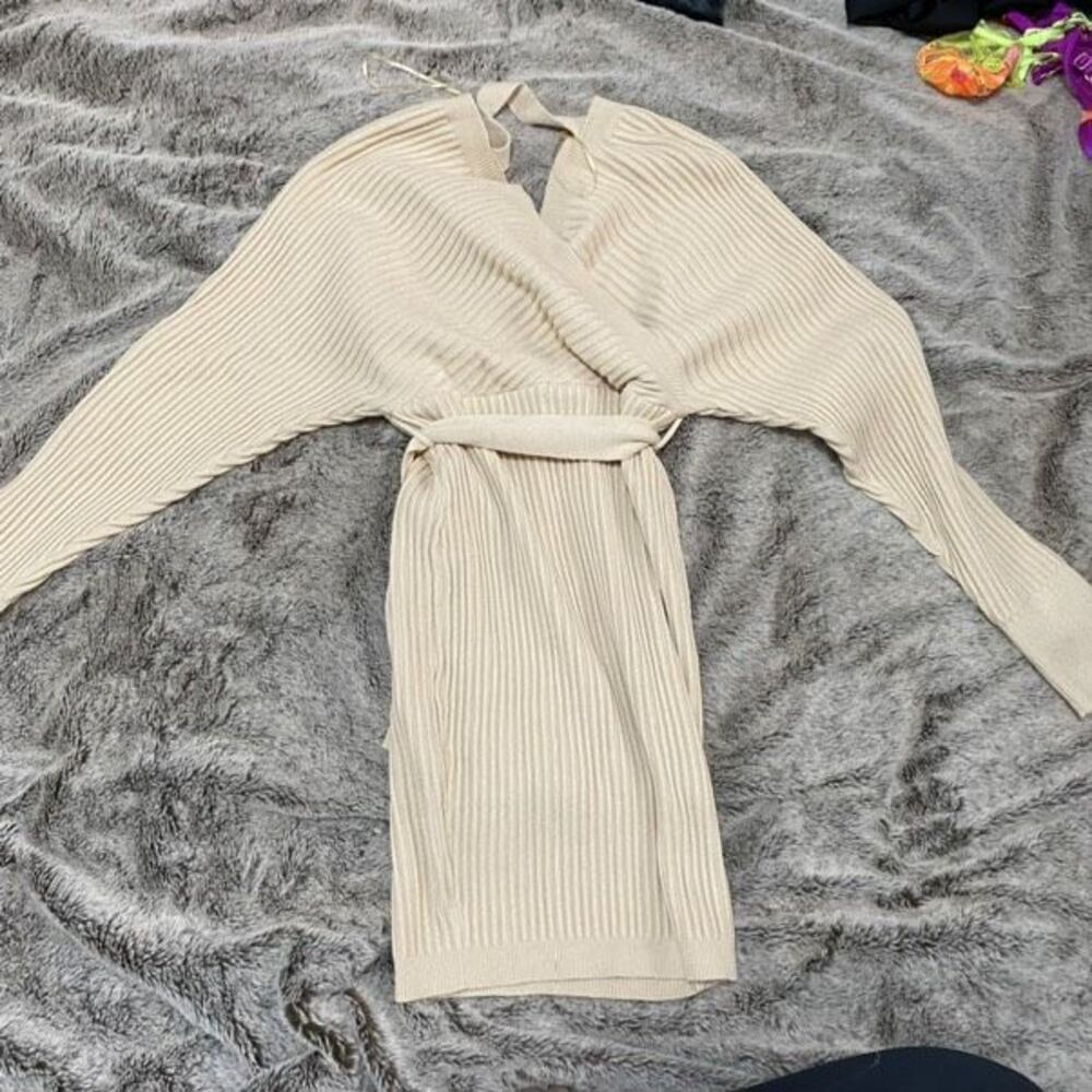 The Vintage Shop off shoulder ribbed tan mini sweater dress | Sz S - Picture 2 of 5